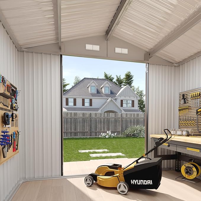 Aoxun 7x5 FT Outdoor Storage Shed Garden Metal Shed with Lockable Door Outdoor Large Shed for Tool, Garbage Can, Bike, Mower, Brown-VerdiqueGarden