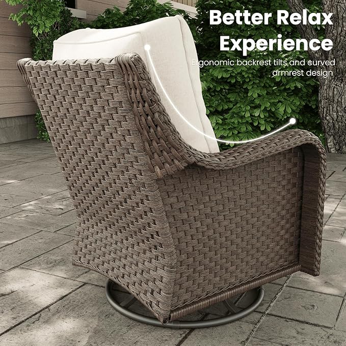 6 Pieces Outdoor Patio Furniture Sets with Rocking Swivel Chairs with 6-inch Thick Cushion and Side Table for Deck Lawn-VerdiqueGarden