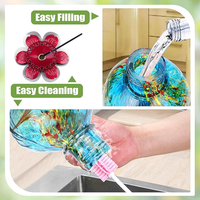 BOLITE Hummingbird Feeder, Hand Blown Glass Hummingbird Feeders for Outdoors Hanging, with Ant Moat and 5 Feeding Ports, 22 Ounces, Peony Flower Shape, Blue, Gifts for Women Men, Gifts for Mom Dad-VerdiqueGarden