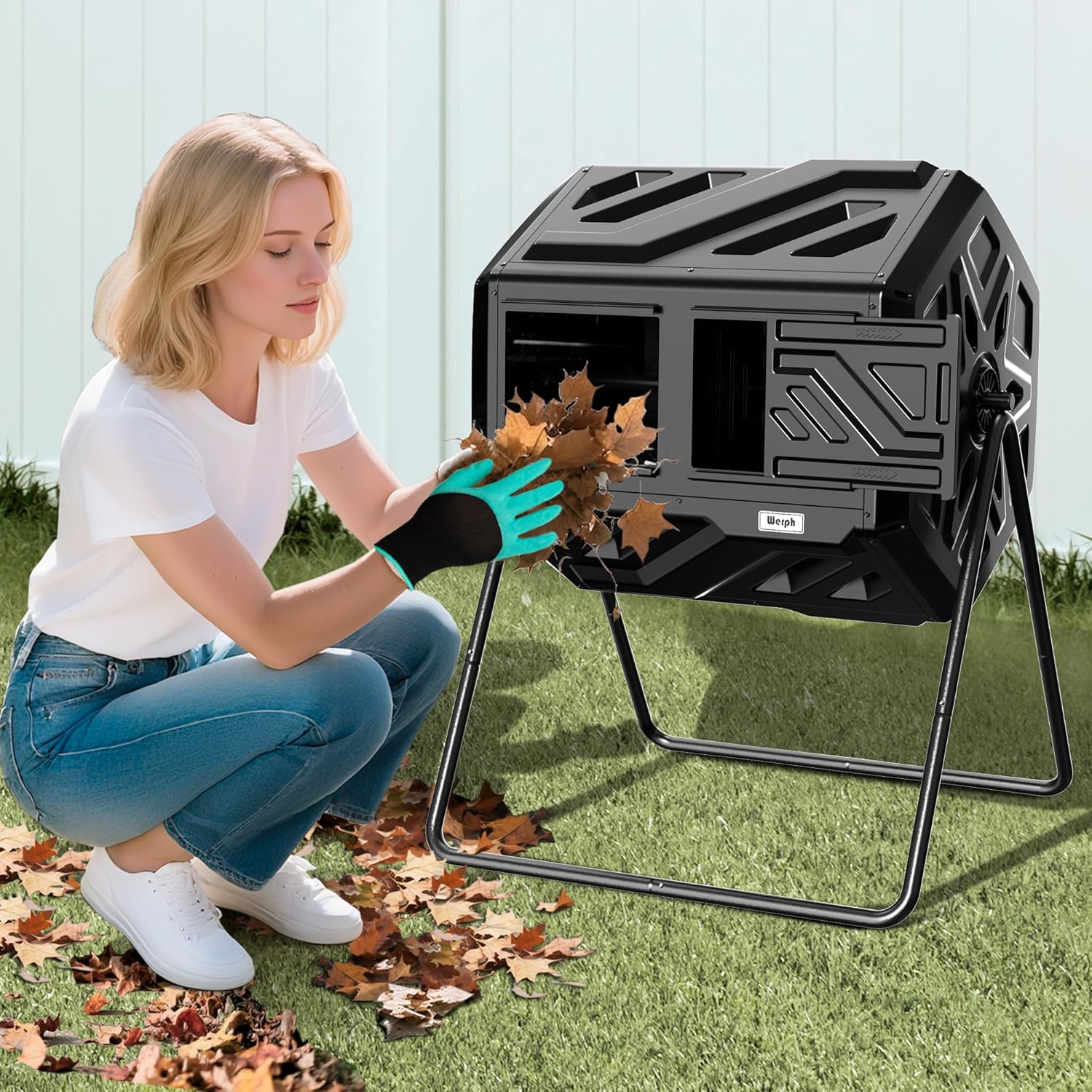 Compost Bin Outdoor Composter, Fast Assembly 43 Gallon Dual Chamber Outdoor Compost Tumbler, Heavy Duty Tumbling Rotating Composter for Patio, Garden,Yard, Black, Easy Setup, Gloves Included-VerdiqueGarden