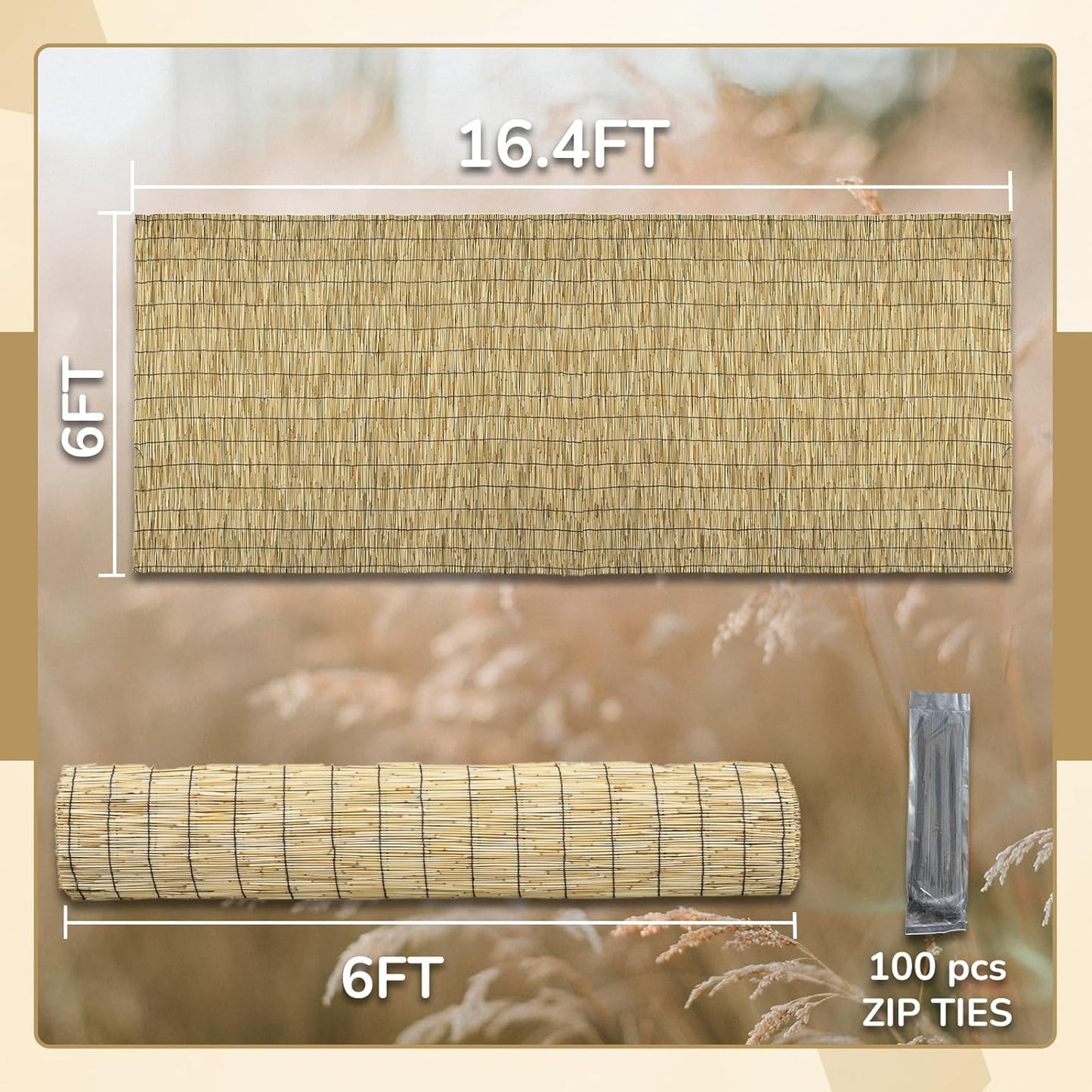 Natural 6FT X 16.4FT Reed Fencing Roll, Balcony Privacy Shade Reed Bamboo Fencing Garden Fence Border, Wind Block Sunshade Fence Screen for Outdoor Yard Patio Flower Bed Edge-VerdiqueGarden