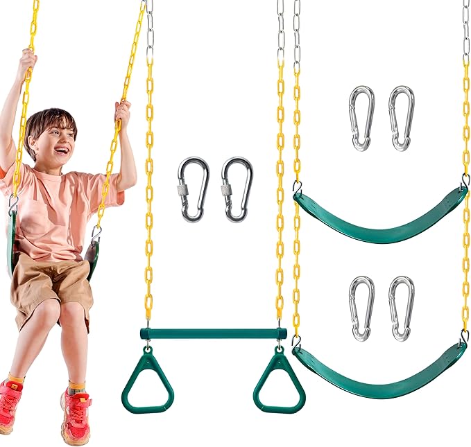 TURFEE 3 Pack Assorted Swing Set, Including 1 Gym Rings Trapeze Bar and 2 Pcs Swings with Plastic Coated Chain, Swingset Accessories Replacement for Kids Outdoor Play, Playground- Green-VerdiqueGarden