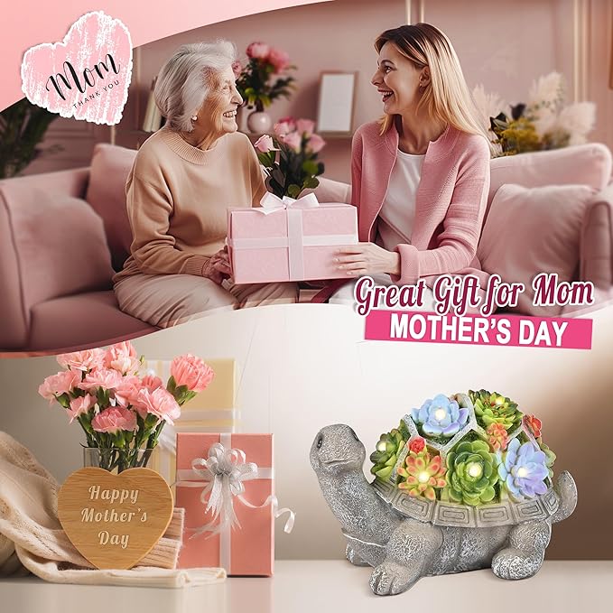 GIGALUMI Solar Garden Statues Turtle Figurine Lights for Outside, Yard Decorations Outdoor, Garden Decor Unique Birthday Housewarming Gifts for Mom, Women for Mothers Day-VerdiqueGarden