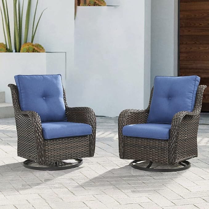 Outdoor Patio Swivel Rocker Chairs - Wicker Rattan Patio Swivel Rocking Chairs Set of 2 with High Back,Deep Seating and Comfort Cushions for Deck Porch Garden,Brown/Blue-VerdiqueGarden