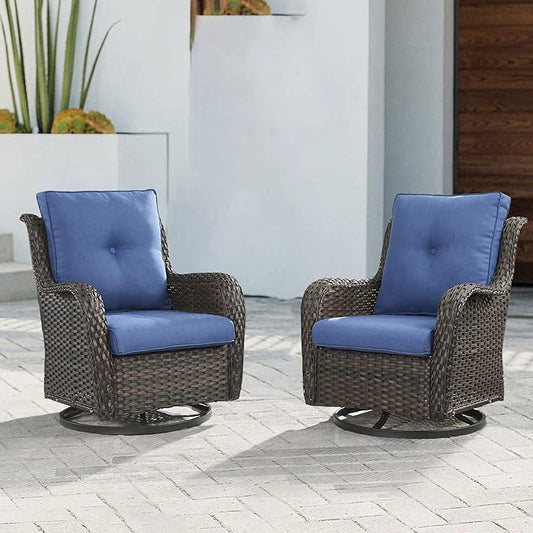 Outdoor Patio Swivel Rocker Chairs - Wicker Rattan Patio Swivel Rocking Chairs Set of 2 with High Back,Deep Seating and Comfort Cushions for Deck Porch Garden,Brown/Blue-VerdiqueGarden