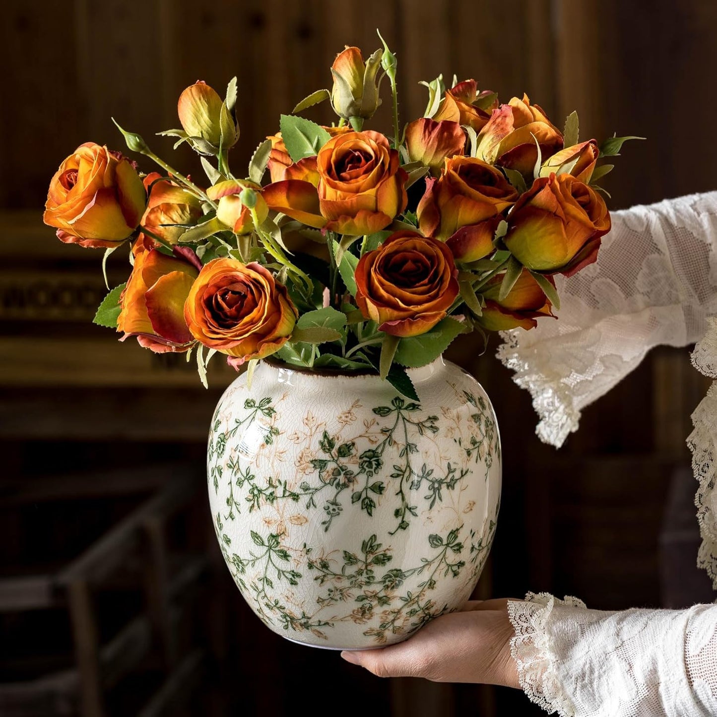Vintage Green and Beige Round Pastoral Vase, Round Ceramic Floral Vases, Retro Ice Cracked Chinoiserie Vase for Home Decor, Living Room, Bookshelf, Office, Rustic Table Centerpiece 6.7 Inch-VerdiqueGarden