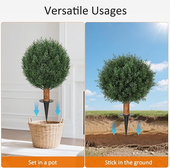 Artificial Cedar Topiary Ball Trees with Ground Spike Set of 2, 24.6 inch UV-Resistant Faux Shrubs for Indoor/Outdoor Decor – Fake Cypress Perfect for Garden, Porch, and Patio-VerdiqueGarden