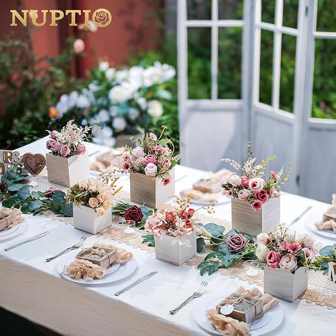 NUPTIO Wooden Box for Centerpiece Wedding: 12 Pcs Rustic Square Planter Box Farmhouse Table Fall Decor - 4×4" & 5×5" Whitewashed Small Wood Vases Flower Pots for Windowsill Home Garden-VerdiqueGarden