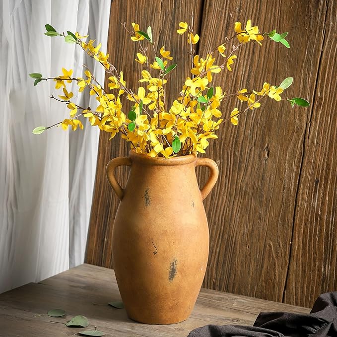 Large Ceramic Flower Vase,11.3 inch Terracotta Vase with 2 Handles, Rustic Farmhouse Vases, Decorative Pottery Flower Vases for Home Decor, Living Room Shelf Decor, Table-VerdiqueGarden