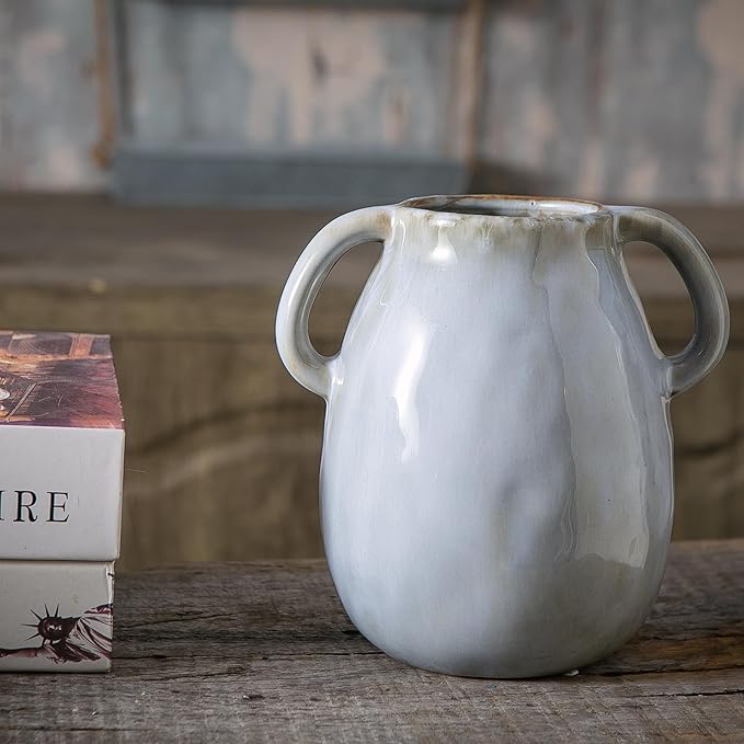 Gray Ceramic Vase with 2 Handles, Modern Farmhouse Decor, Rustic Terracotta Pottery, Decorative Flower Vases, Clay Small Vase, Centerpiece for Dining Table - 7 Inch Tall-VerdiqueGarden