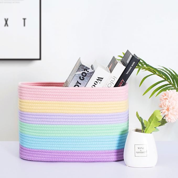 MINTWOOD Design Storage Basket for Shelves, Decorative Baskets for Organizing, Book Basket, Storage Cube Bin Box, Woven Closet Organizer, Pantry Closet and Shoe Basket, Pastel Rainbow-VerdiqueGarden