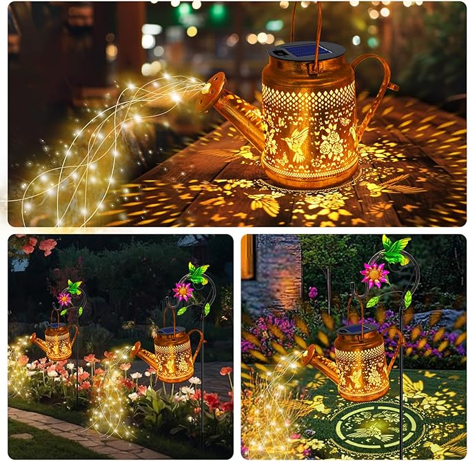 Solar Lanterns Outdoor Waterproof,Hummingbird Watering Can Garden Decor,Hanging Solar Path Lights Yard Art,Outside Patio Decorations Gardening Birthday Gifts for Mom Grandma Women with Shepherd Hook-VerdiqueGarden
