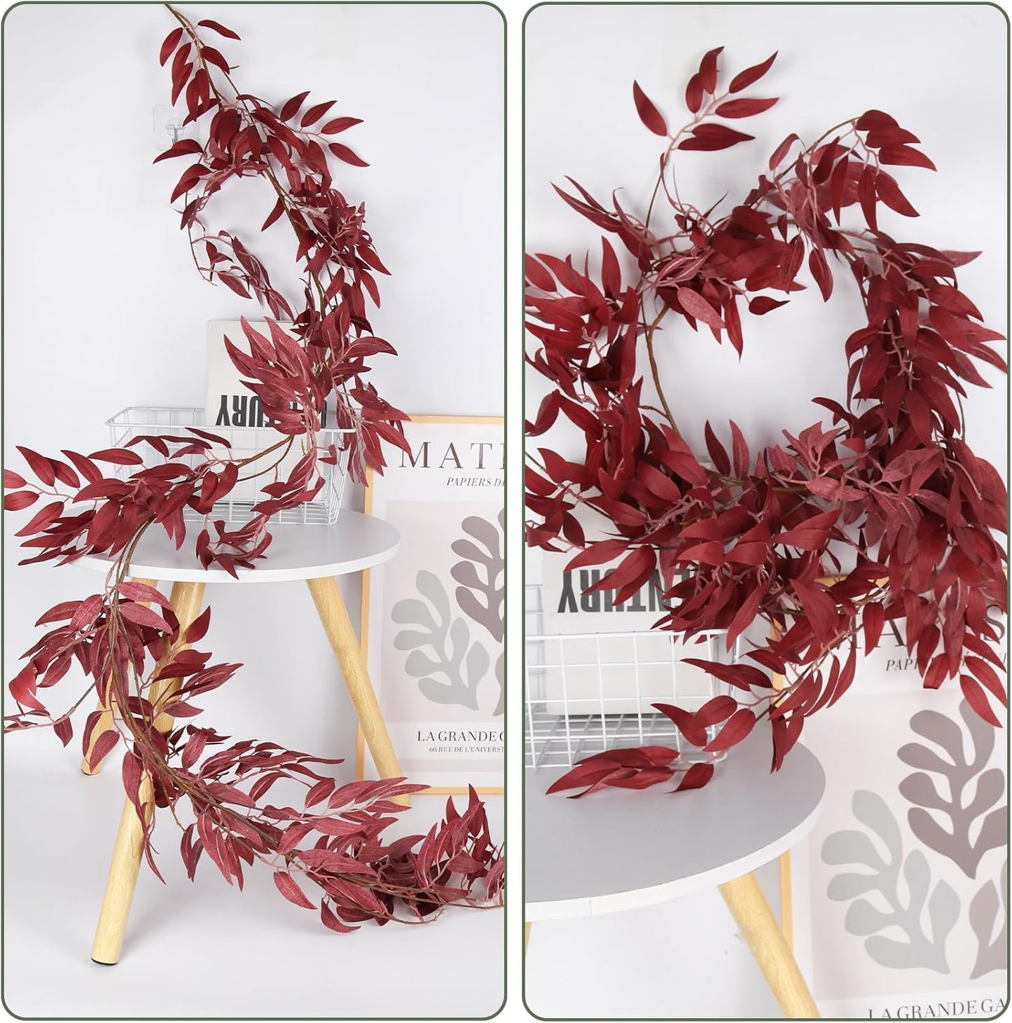 RECUTMS Artificial Hanging Willow Leaves Vine Twigs 2Pcs 5.7Ft Fake Silk Burgundy Leaf Ivy Fall Garland Faux Greenery Indoor Outdoor Valentines Day Wedding Birthday Christmas Thanksgiving Party Decor-VerdiqueGarden