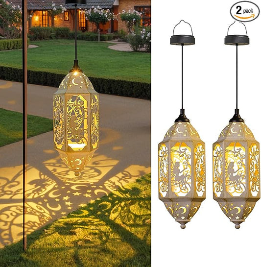 Outdoor Solar Lanterns Waterproof Fairy Moon Garden Gifts for Women Mom12.4‘’ Metal Garden Lanterns Hanging Light for Patio Backyard Decorations, Mothers Day Birthday Gifts (Gold White,2Pack)-VerdiqueGarden