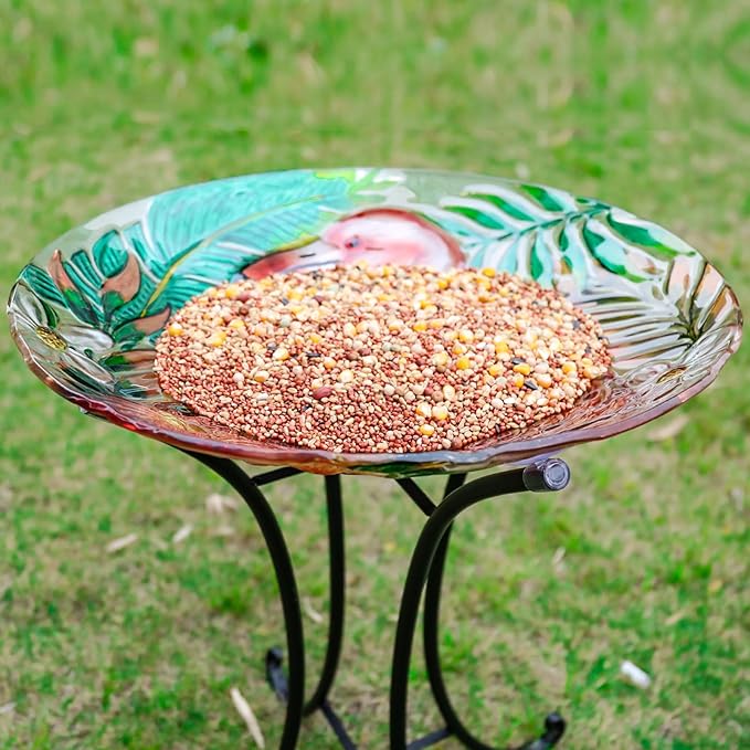 VCUTEKA 18" Outdoor Glass Birdbath with Sturdy Metal Stand for Lawn, Yard, or Garden Decor Bird Lovers Gift, Flamingo Bird Bath Detachable, 22" Height-VerdiqueGarden