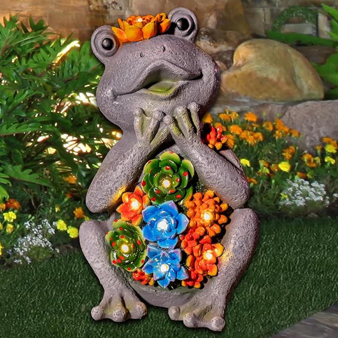 Frog Solar Figurine Light Statue Outdoor Gardening Gifts Decoration Garden Frogs Yard Decor Lamp With 8 Led Lights And Succulent Waterproof Patio Lawn Decor Housewarming Frog Gifts For Women-VerdiqueGarden
