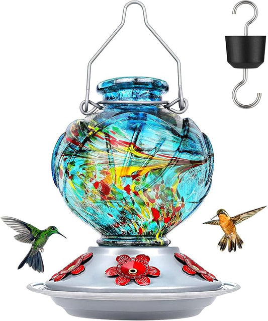 BOLITE Hummingbird Feeder, Hand Blown Glass Hummingbird Feeders for Outdoors Hanging, with Ant Moat and 5 Feeding Ports, 22 Ounces, Peony Flower Shape, Blue, Gifts for Women Men, Gifts for Mom Dad-VerdiqueGarden