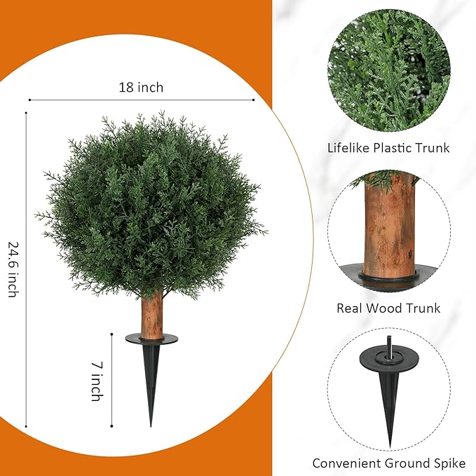 Artificial Cedar Topiary Ball Trees with Ground Spike, 24.6 inche Tall UV-Resistant Fake Outdoor Plants Evergreen Shrubs, Realistic Faux Pine Bushes for Front Porch Home Patio Garden, Set of 4-VerdiqueGarden