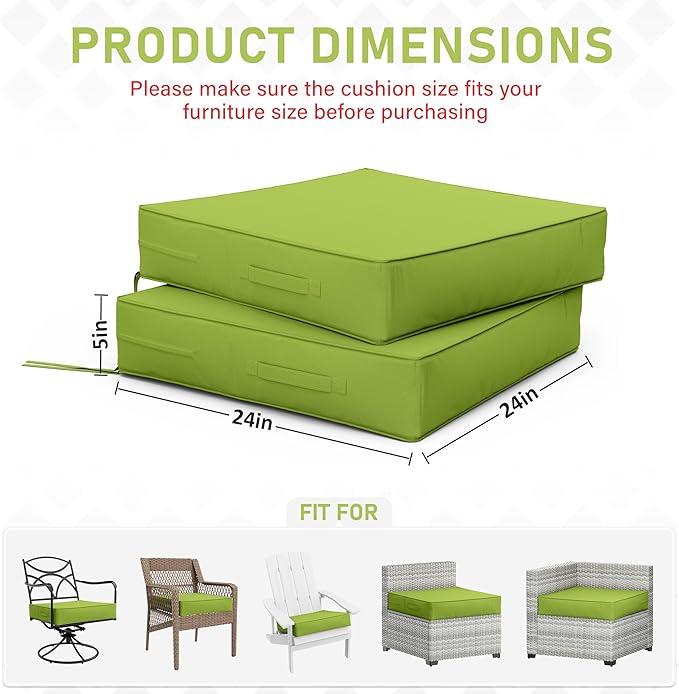Patio Chair Cushions 24 X 24 X 5 Inch Waterproof Outdoor Seat Cushions for Patio Furniture, Outdoor Sofa Couch Pads with Ties & Handle, Set of 2, Grass Green-VerdiqueGarden