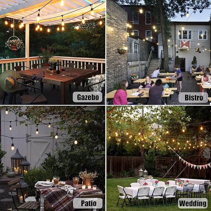 Achin Outdoor String Lights 48FT Dimmable Warm 2200K LED Patio Lights Outdoor Waterproof with 16 Plastic Bulbs Shatterproof String Lights for Outside Deck Gazebo Bistro Lights-VerdiqueGarden
