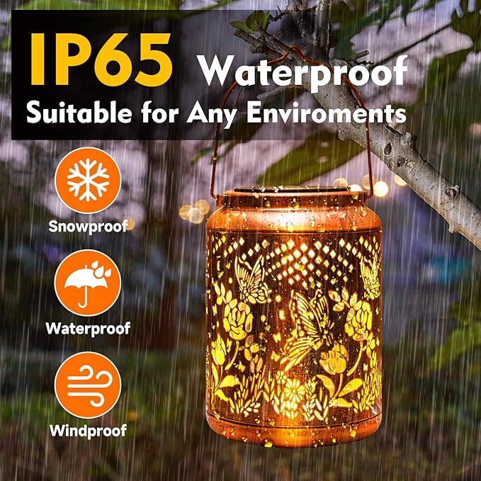Hyriony Butterfly Solar Lanterns Outdoor Waterproof Metal Hanging Lights, Garden Decor Gifts for Women, Mom, Grandma Solar Decorations for Yard, Patio, Backyard, Porch, Lawn, Walkway, Tabletop-VerdiqueGarden