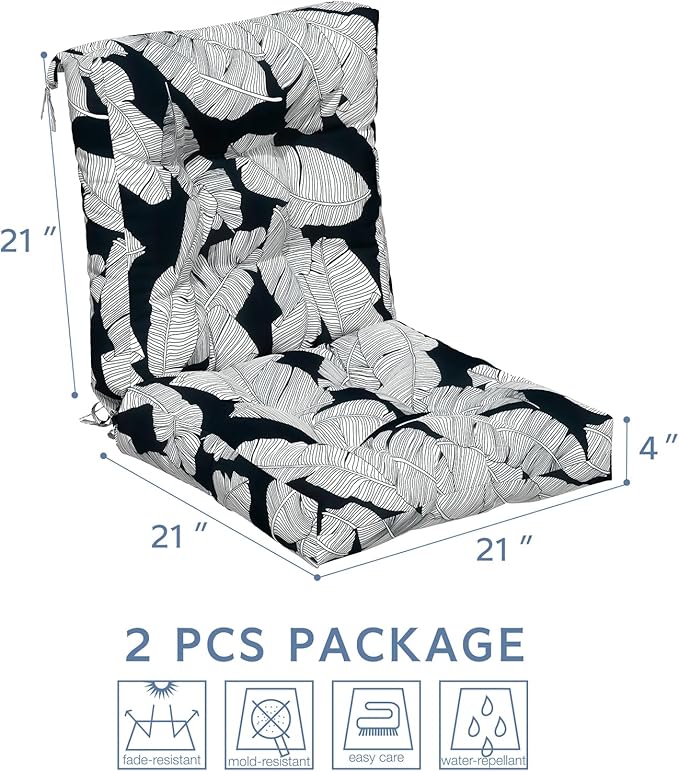 LVTXIII Outdoor Tufted Seat Cushions, Solid Seat and Back Chair Cushion with Ties, Patio Replacement Rocking Chair Cushion for Outdoor Furniture Use, 21 W x 21D, 2 Pack, Black Lush Leaf Jungle-VerdiqueGarden