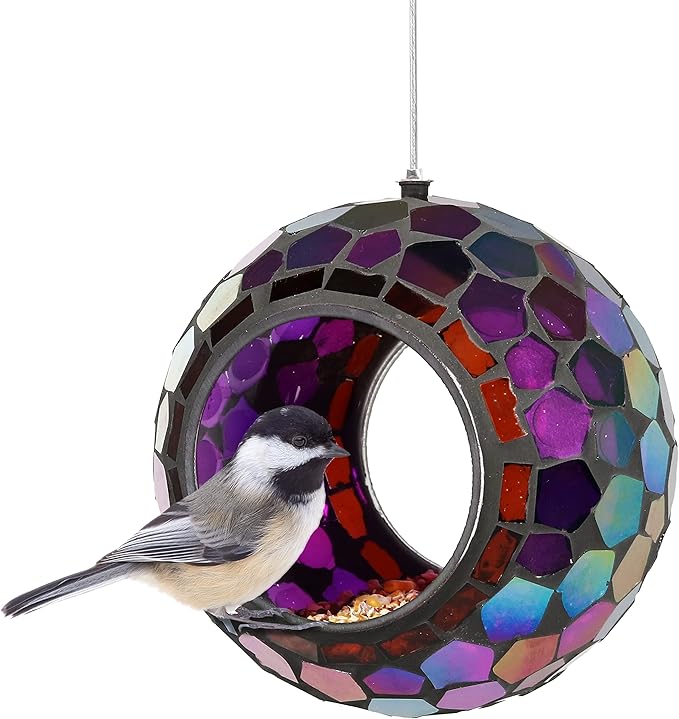Sunnydaze 6-Inch Glass Mosaic Hanging Bird Feeder for Outdoors - Fly-Through Wild Bird Feeder - Iridescent Purple Mosaic-VerdiqueGarden