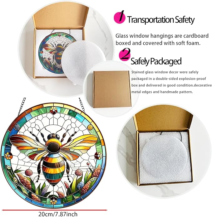 RIVEENY Bumblebee Stained Glass Window Hangings,8''Bee Suncatcher Stained Glass Window Panel Gift for Christmas Anniversary Birthday Mother's Day-VerdiqueGarden