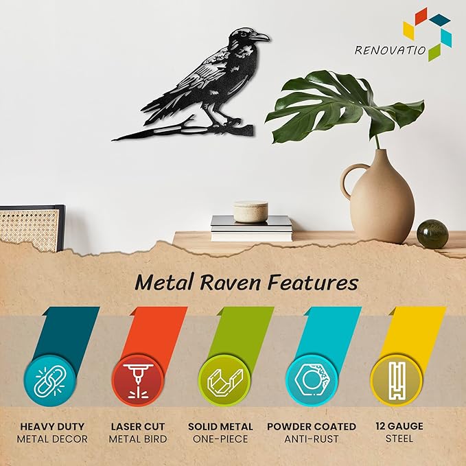Renovatio Metal Bird Decor – Artistic Raven Silhouette, Metal Garden Ornament, Outdoor Tree Decorations – A Remarkable Yard & Lawn Decor – Raven (Black)-VerdiqueGarden