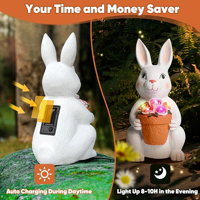 Brightever Solar Powered Outdoor Garden Statues- Rabbit with Flowers and 5 Colorful LED Lights, 11.8IN Outdoor Figurine Lights, Solar Garden Bunny Statue for Easter Decor, Gifts for Mom, Housewarming-VerdiqueGarden