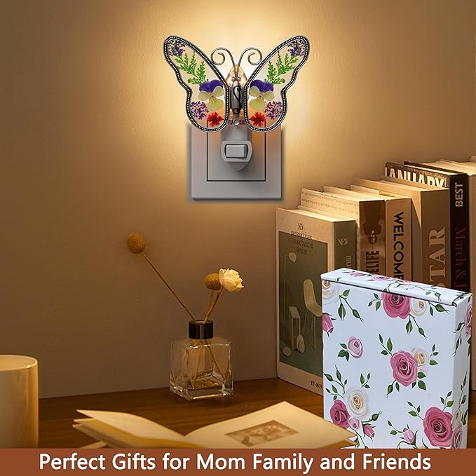 KY&BOSAM Butterfly Night Light Plug into Wall Night Lights Real Flower Glass and Metal Nightlights for Hallway Nursery Bedroom Bathroom Kids Room Kitchen Stairway Accent Elegant Themed Home Decoration-VerdiqueGarden