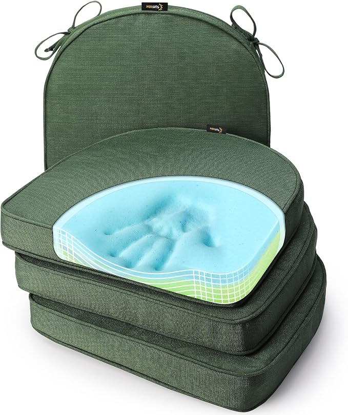 SUNROX Gel Memory Foam Chair Cushions, FadeShield Water-, Stain-Resistant Durable Reversible Seat Cushion Pads with Ties for Indoor/Outdoor Kitchen Dining Office, 19"x19", Set of 4, Heather Fern-VerdiqueGarden