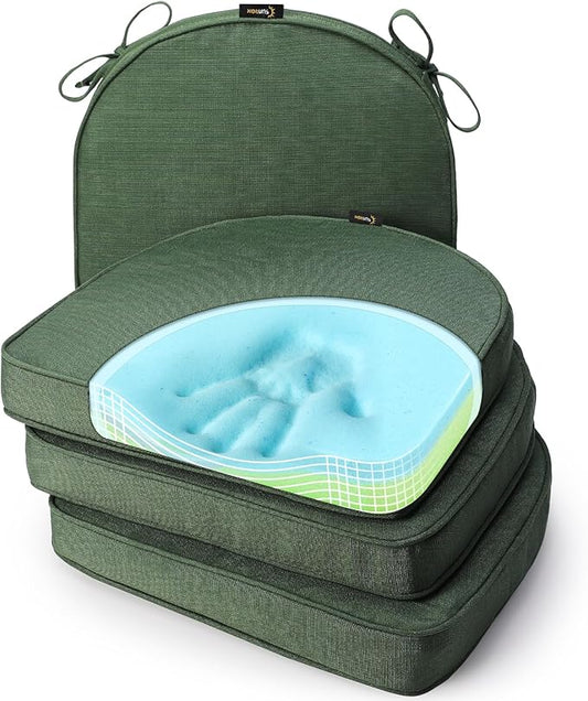 SUNROX Gel Memory Foam Chair Cushions, FadeShield Water-, Stain-Resistant Durable Reversible Seat Cushion Pads with Ties for Indoor/Outdoor Kitchen Dining Office, 19"x19", Set of 4, Heather Fern-VerdiqueGarden