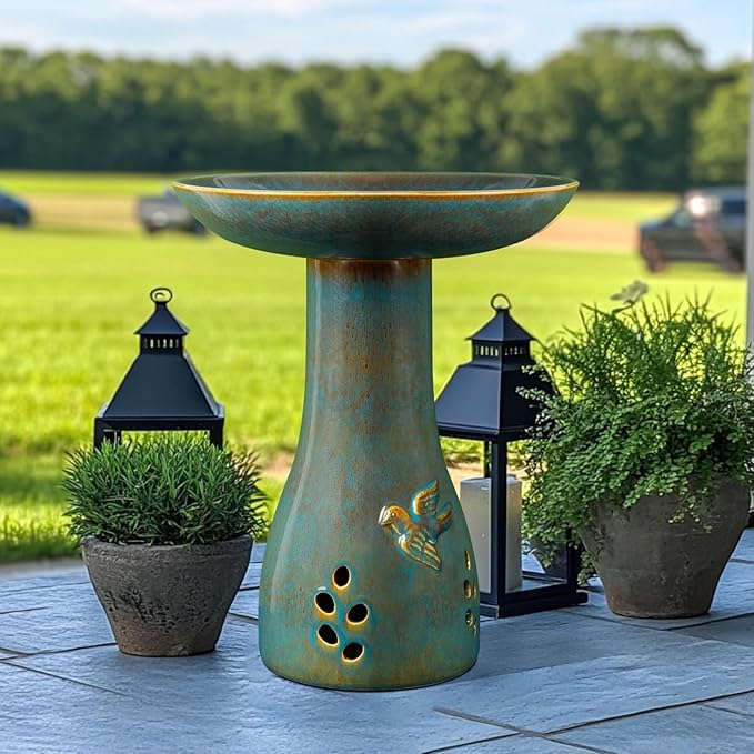 Ceramic Bird Bath for Outdoors, 21.5 inch Heavy Duty Bird Bath，Weather-Resistant Birdbath for Outdoor Garden Use, Attracts Birds, Elegant Yard Décor - Blue-VerdiqueGarden