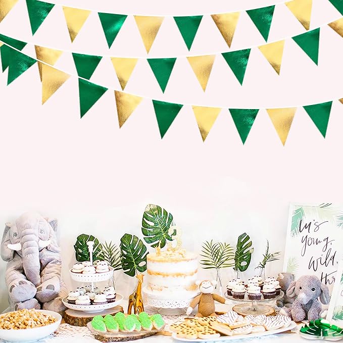 Green Gold Party Decorations Metallic Fabric Triangle Pennant Banner Flag Bunting Garland for Graduations Birthday Retirement Wedding Baby Shower Spring Summer Master Golf Theme Outdoor Party Supplies-VerdiqueGarden