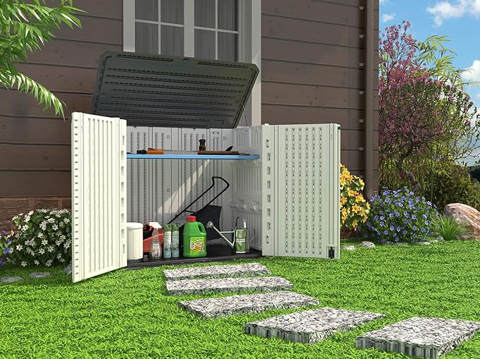 HOMSPARK Storage Shed Weather Resistance, Multi-Purpose Outdoor Storage Cabinet for Backyards and Patios, 26 Cu.ft Capacity Horizontal Storage Shed for Bike, Lawnmower, Trash Cans, Patio Accessories-VerdiqueGarden