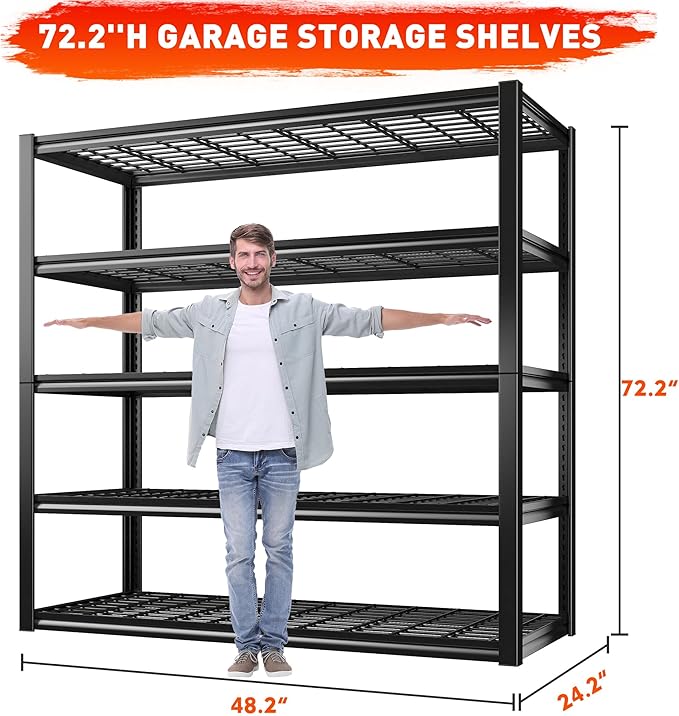 REIBII 48.2''W Garage Shelving Heavy Duty Metal Shelving 3000LBS Storage Shelves Adjustable Metal Shelves Industrial Garage Shelf for Warehouse Basement, 4 Pack-VerdiqueGarden