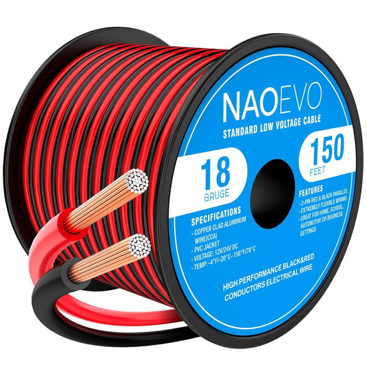 NAOEVO 18 Gauge Wire 150FT, 2 Conductors Electrical Wire Red Black Cable, Flexible/Low Voltage/PVC 18 AWG Copper Clad Aluminum Extension Cord for Speaker, LED Strips, Automotive 12V/24V DC-VerdiqueGarden