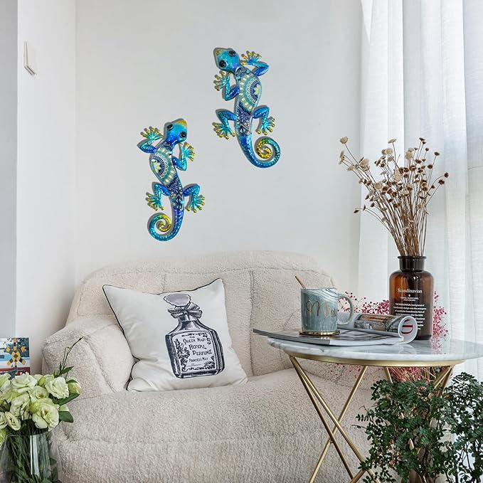 HONGLAND Metal Gecko Wall Art 2Pcs Outdoor Wall Decor Lizard Metal Hanging Wall Decoration Glass Sculpture for Garden Yard Patio Fence Home (Blue)-VerdiqueGarden