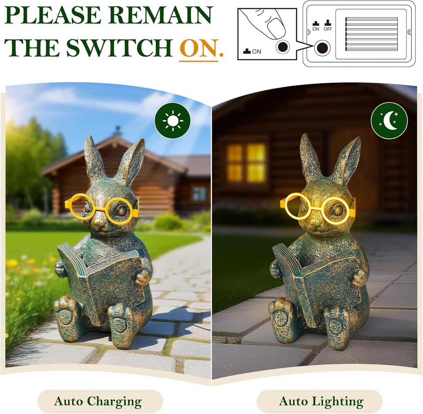 Solar Garden Decor, Adorable Rabbit Statue with Solar-Powered Glasses, Outdoor Bunny Figurine Lights for Patio, Yard & Balcony, for Kids, Mom & Grandma-VerdiqueGarden