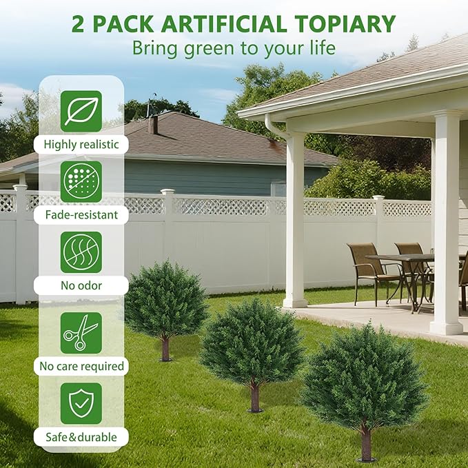 Artificial Set of 2 Cedar Topiary Ball Trees 16" for Outdoors with Ground Spike, UV Resistant Faux Cypress Plants, Evergreen Shrubs Bushes for Front Porch Garden Backyard Decor-VerdiqueGarden