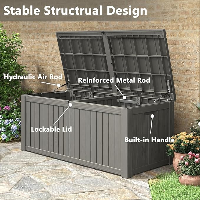 NUNU LAB 150 Gallon Outdoor Storage Box,Resin Large Sturdy Deck Box, Backyard Outside Storage Box Waterproof with Double Wall Panels,Package Delivery,Garden Outdoor Hose Bin-VerdiqueGarden