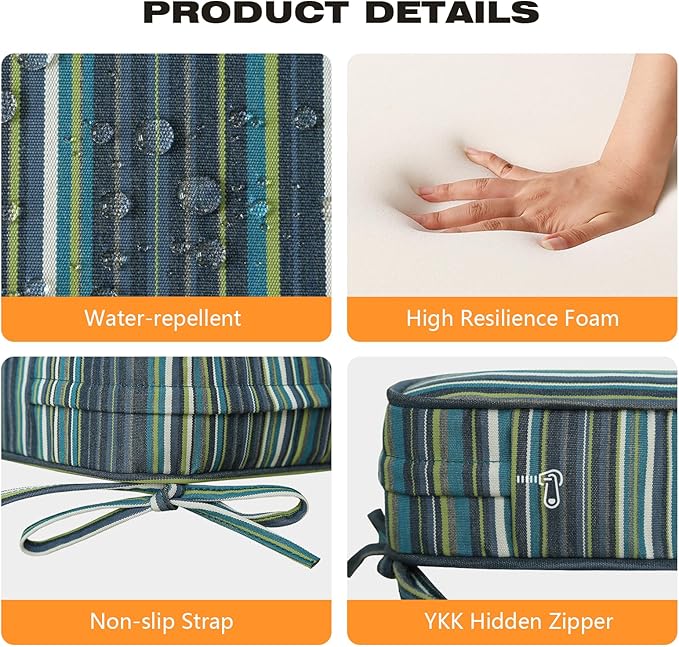 Sunbrella Square Corner Seat Cushions, 19" x 19" x 3", Set of 4, Indoor Outdoor Water Repellent Universal Chair Pads with Ties for Patio Furniture, Garden Deck Dining Chairs, Beach Stripe Lagoon-VerdiqueGarden