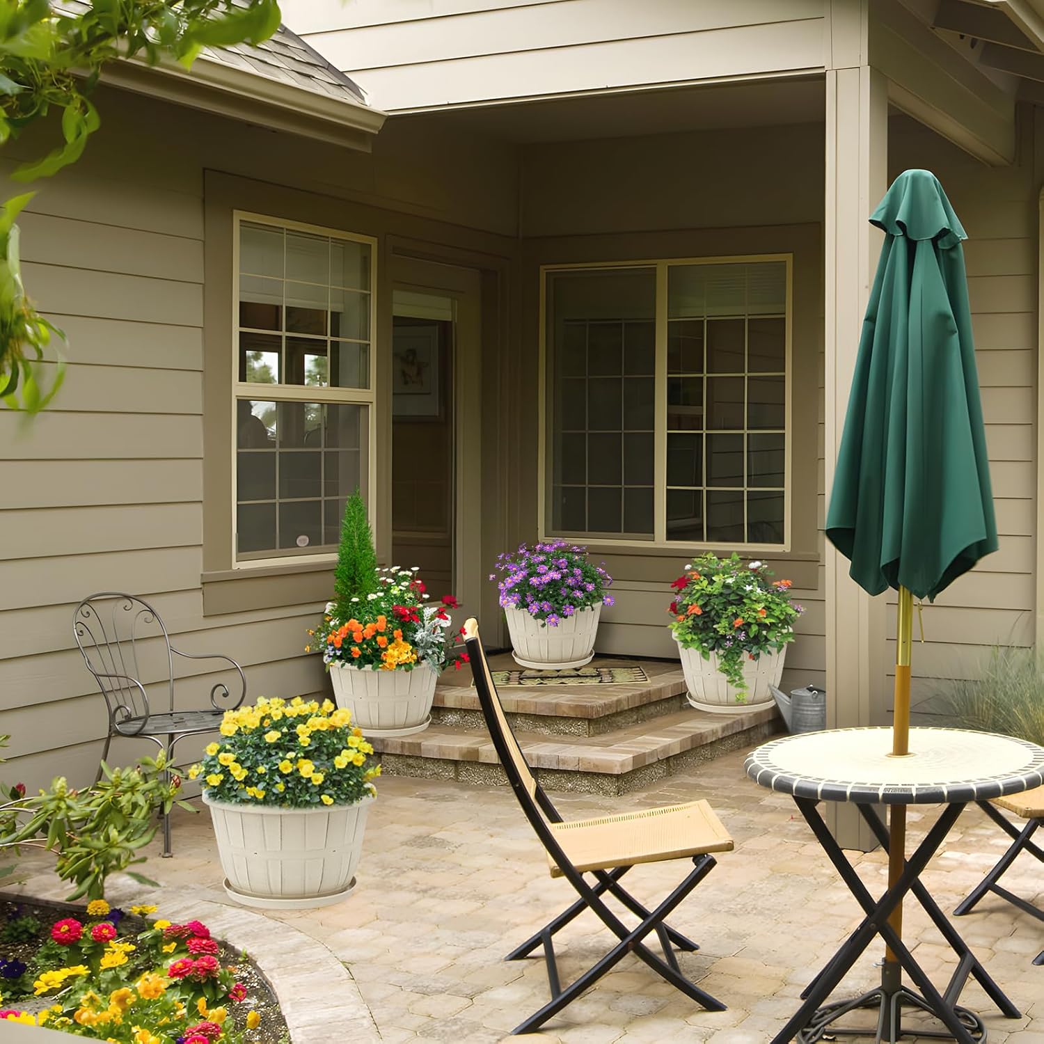 Quarut 14 Inch Plastic-Flower-Pot-for-Indoor-Plants, 4 Pack Large Outdoor Planter Pot with Drainage Holes & Saucers, Resin Decorative Garden Pots Planters（White）-VerdiqueGarden