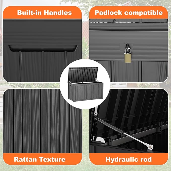 150 Gallon Resin Deck Box, Lockable Patio Outdoor Storage Box for Furniture, Garden Tools and Tools Storage, Waterproof Outside Storage Boxes - Black-VerdiqueGarden
