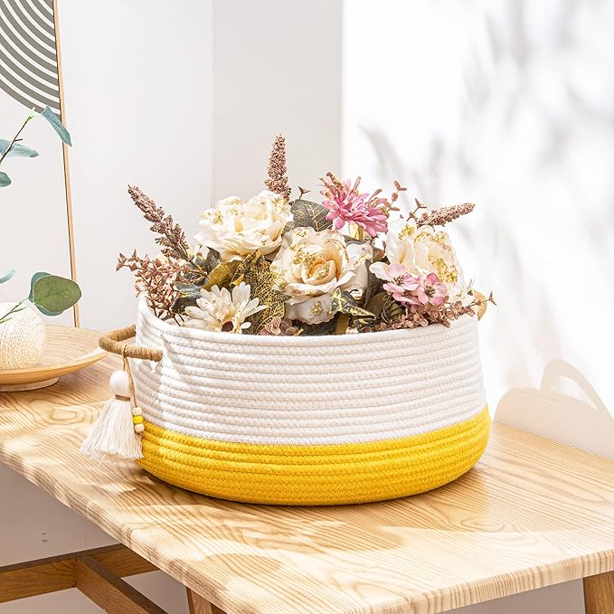 KAKAMAY Woven Baskets for Storage(16"x8"),Blanket Basket for Organizing Living Room,Cotton Rope Basket Woven Baby Laundry Hamper,Collapsible Laundry Room Organization,Clothes,Toy Chest(Yellow)-VerdiqueGarden