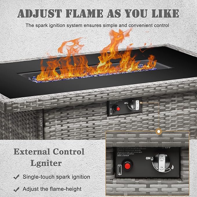 Propane Fire Pit Table,44 Inch 55000 BTU Outdoor Gas Fire Pit Rectangular with Glass Wind Guard for Outside Patio Deck (Gray-Glass Top)-VerdiqueGarden