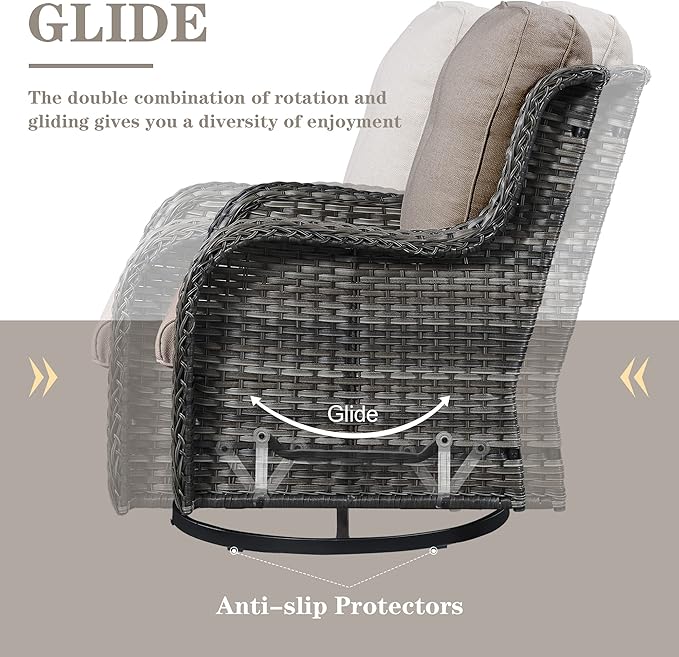 Outdoor Sectional Sofa Furniture Set with Propane Fire Pit Table, Wicker Patio Conversation Set with 2 Swivel Glider Rocker Chairs Grey Cushion Perfect for Backyard Casual Gathering-VerdiqueGarden