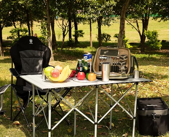 EVER ADVANCED Camping Table, Fold up Lightweight, 4-6 Person Portable Roll up Aluminum Table with Carry Bag for Outdoor, White-VerdiqueGarden