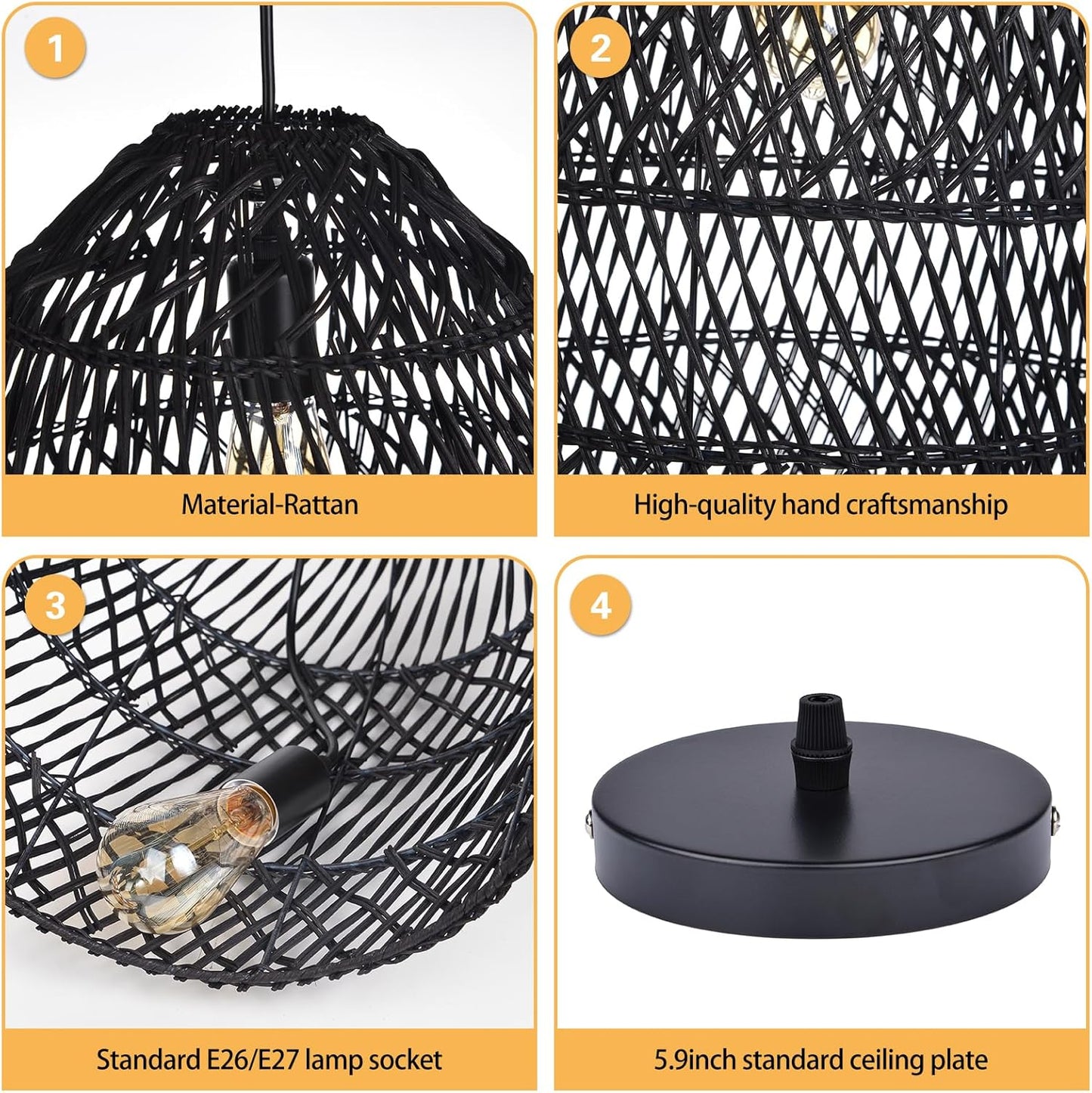 Arturesthome 1 Light Rustic Rattan Basket Pendant Light Boho Wicker Chandelier Coastal Handmade Crafts Lampshade, Farmhouse Hanging Ceiling Lighting for Dining Kitchen Island Black 13.75in*19.68in-VerdiqueGarden